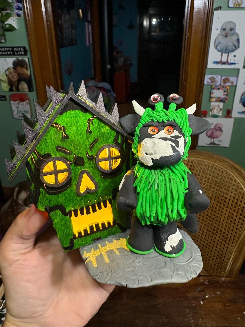 Green Cow Monster Home Art Figurine with Light Up Haunted House